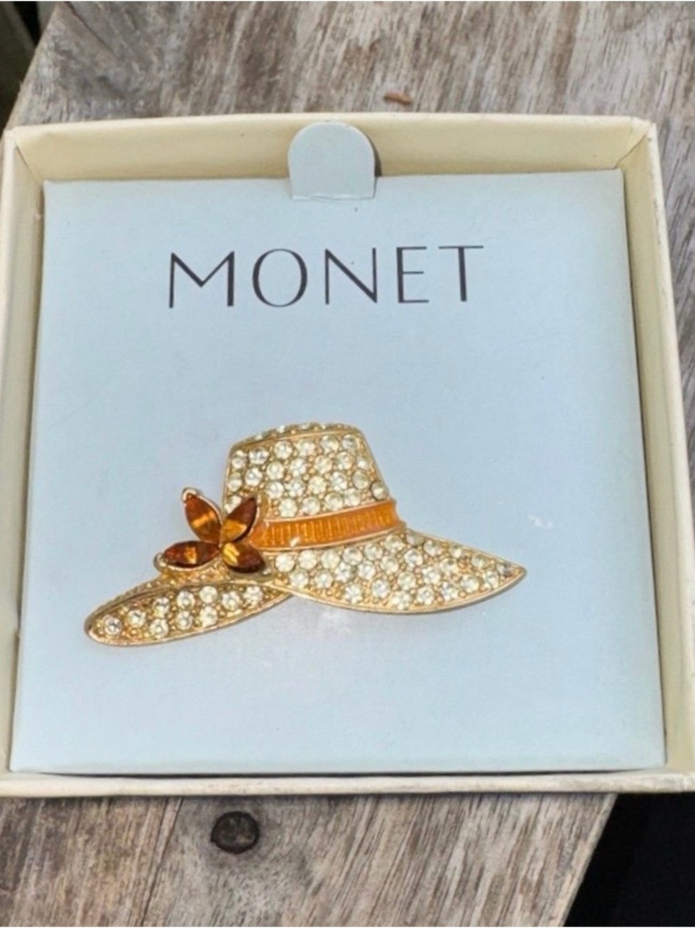 Monet 1990’s Vintage Rhinestone Hat Brooch Goldtone Clear & Amber Rhinestone NIB